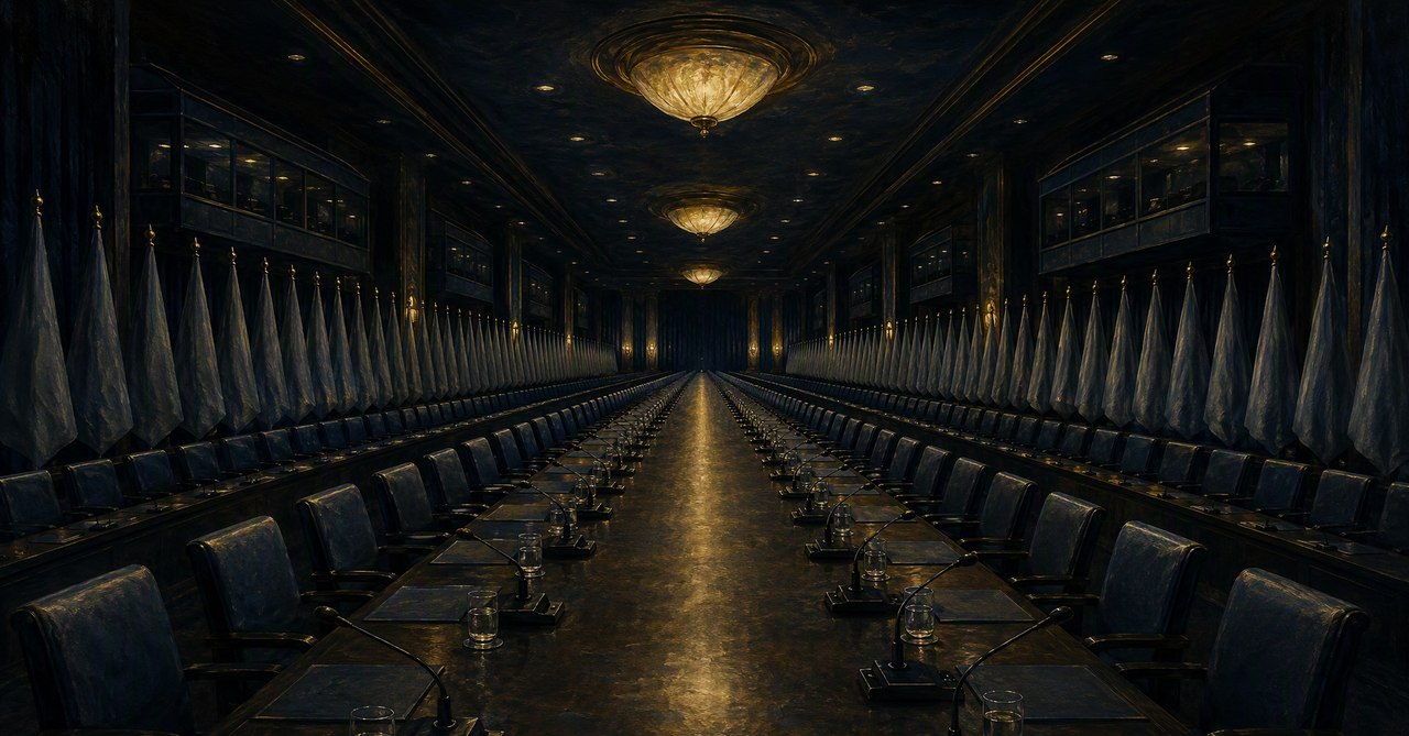 The Marathon Room — the endless conference chamber where the resolutions are said to be drafted, its flags deliberately unmarked