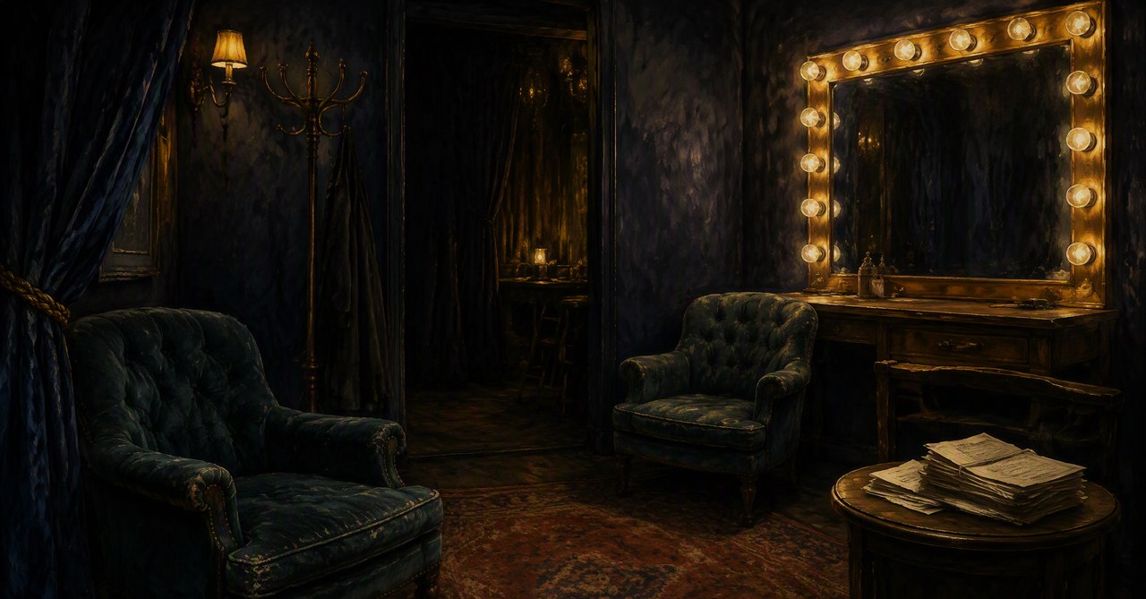 The Green Room — the quiet lounge where the public faces wait, cue cards already printed