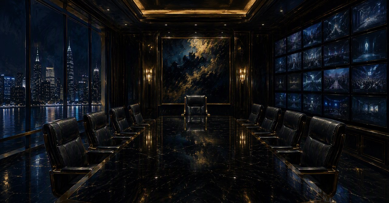 The Quiet Room — the Sable network's boardroom, where tomorrow's front pages are read before they are written
