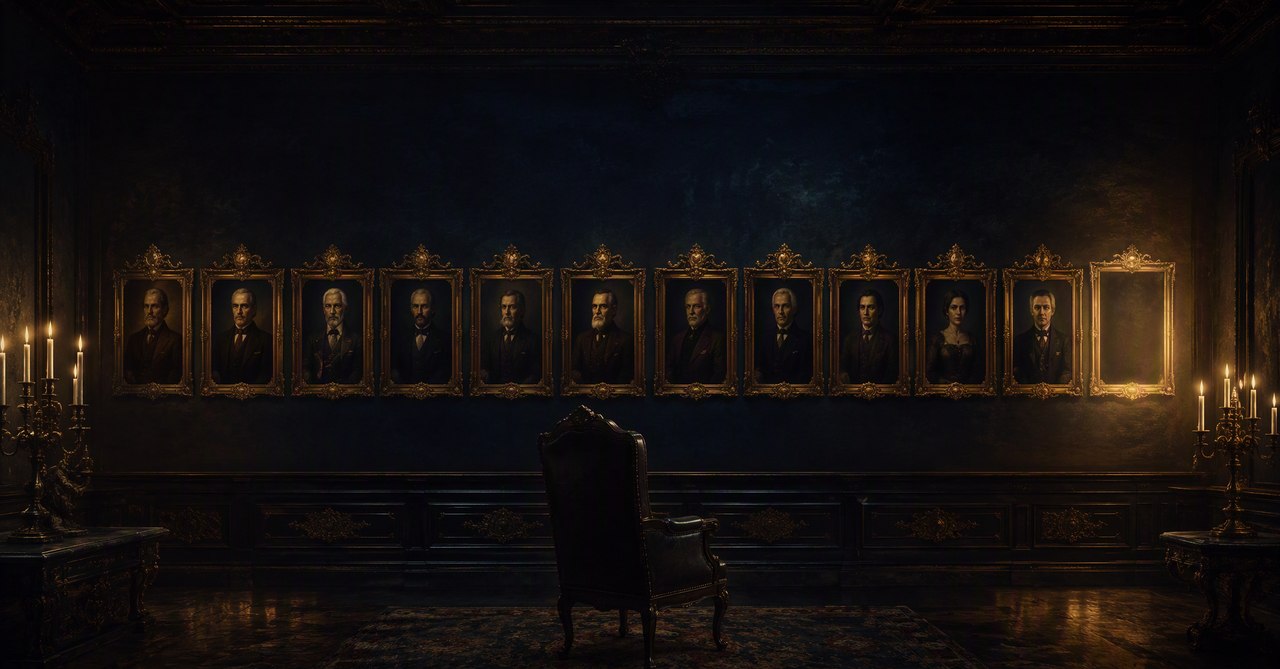 The Inheritance Room — twelve portraits on the wall, and the twelfth frame, the annotators note, hung empty
