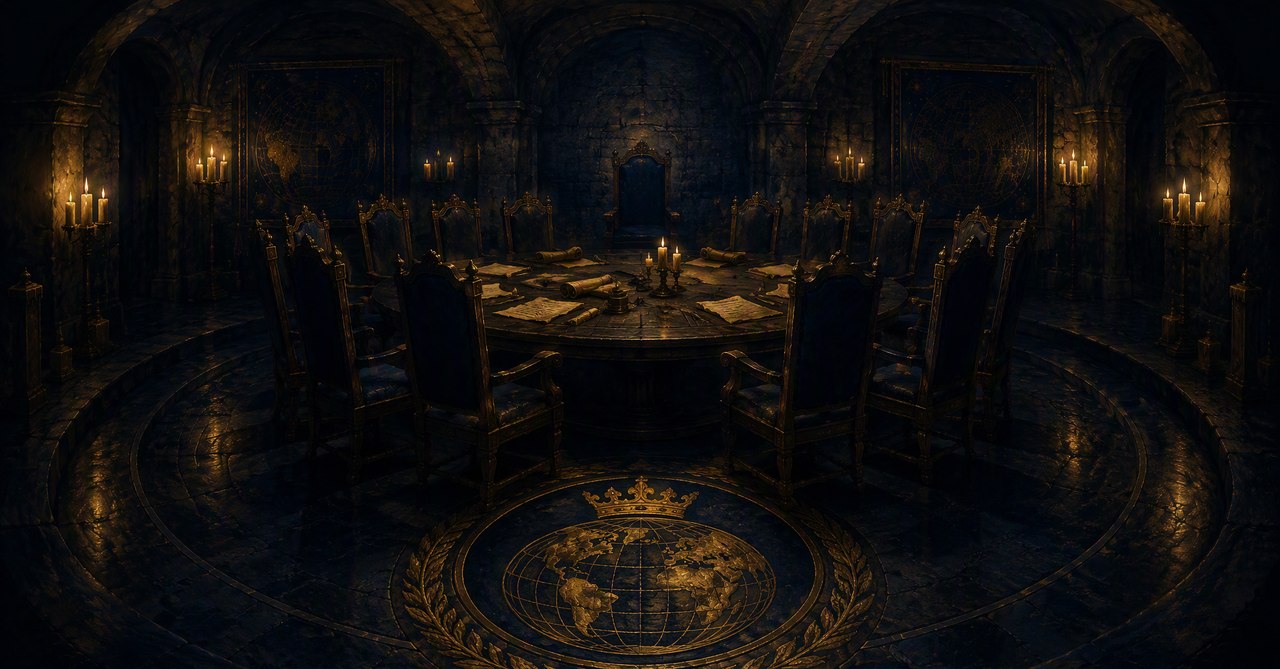 The Ordo Chamber — the candlelit council room beneath the crowned-globe seal, twelve chairs, one turned to the wall